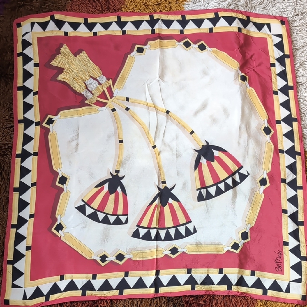 Bob Mackie Silk Scarf Square Egyptian Motif Papyrus Tassels